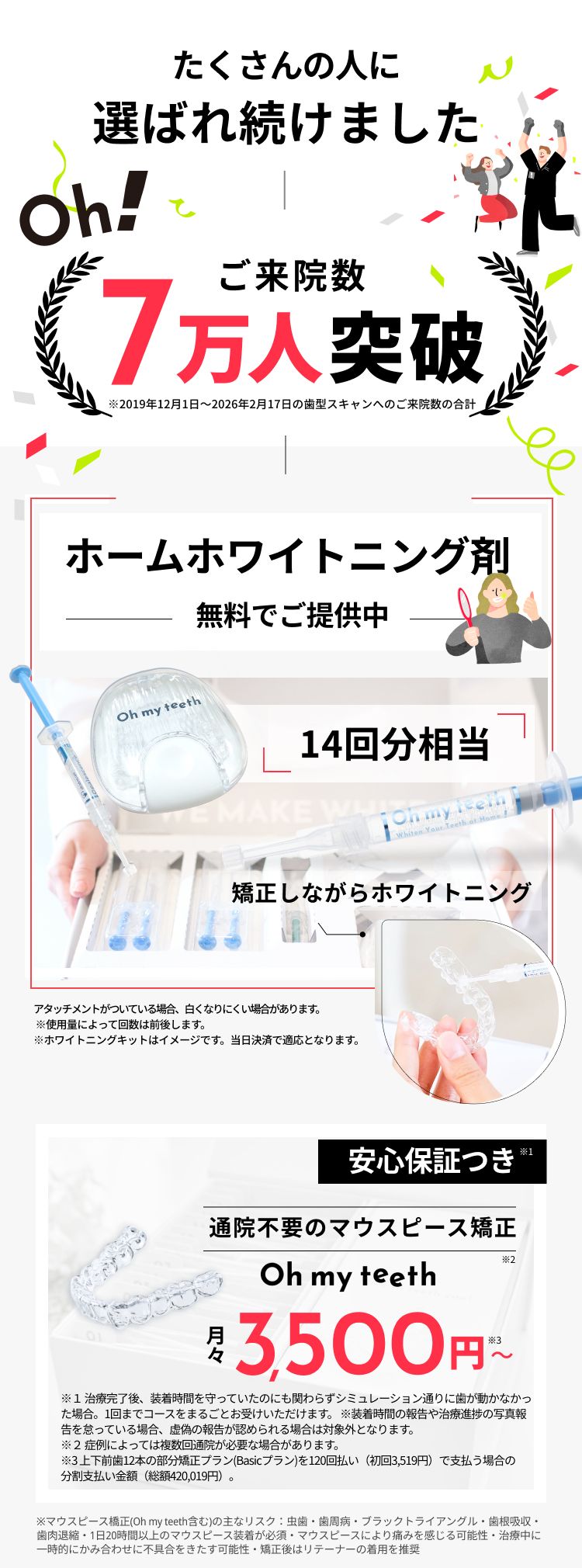 ご来院数5万人突破、ホームホワイトニング剤を無料でご提供中、安心保証つき、月額3,500円〜